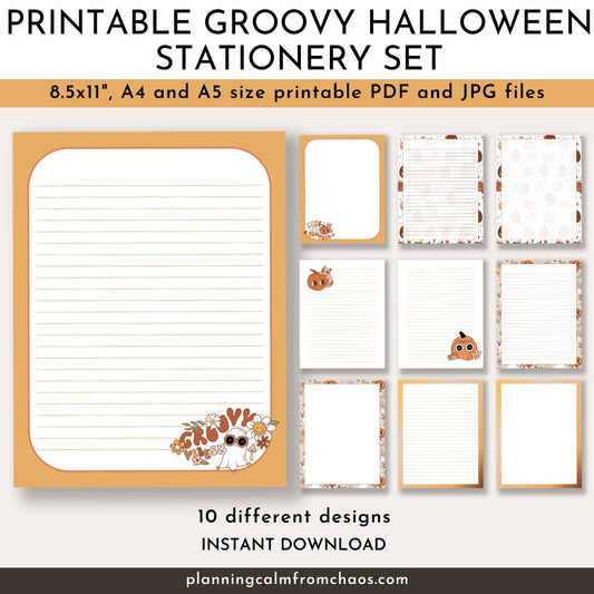 printable groovy halloween stationery set