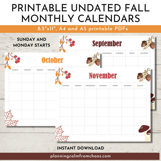printable fall monthly calendars