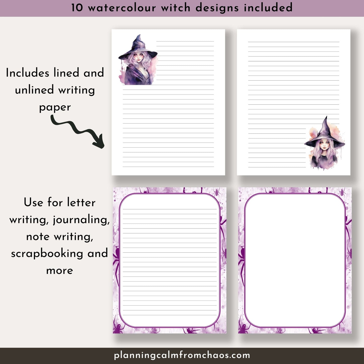 purple witch printable stationery set