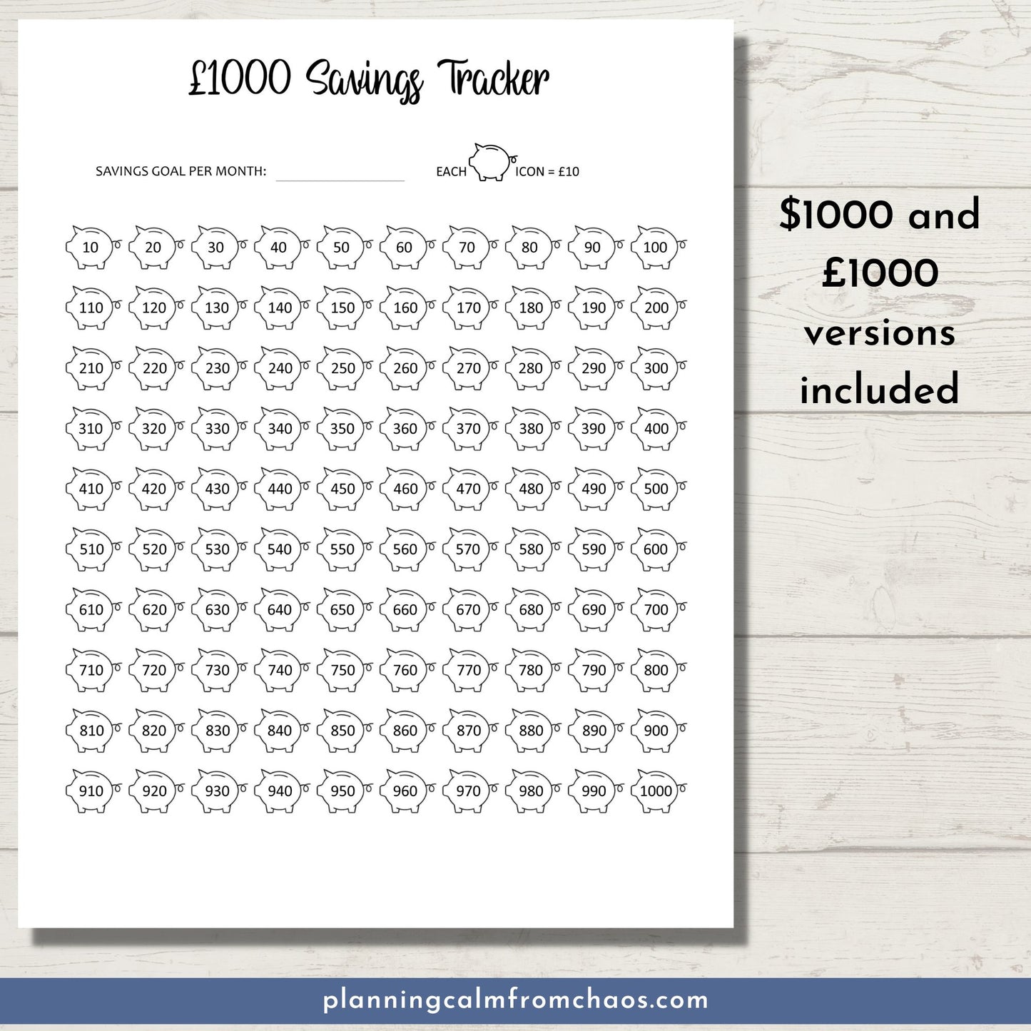 printable £1000 savings tracker