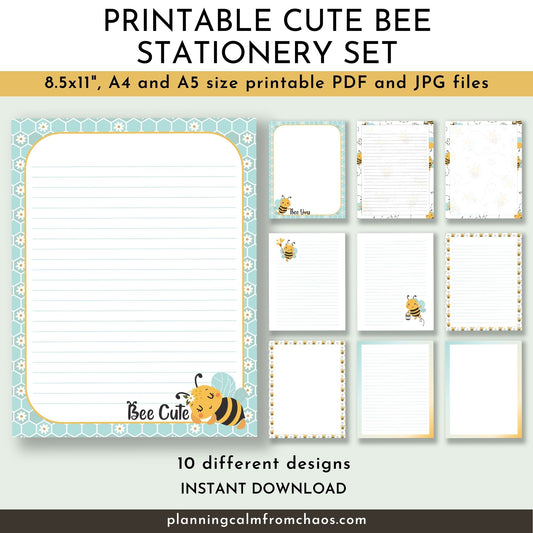 printable cute bee stationery set
