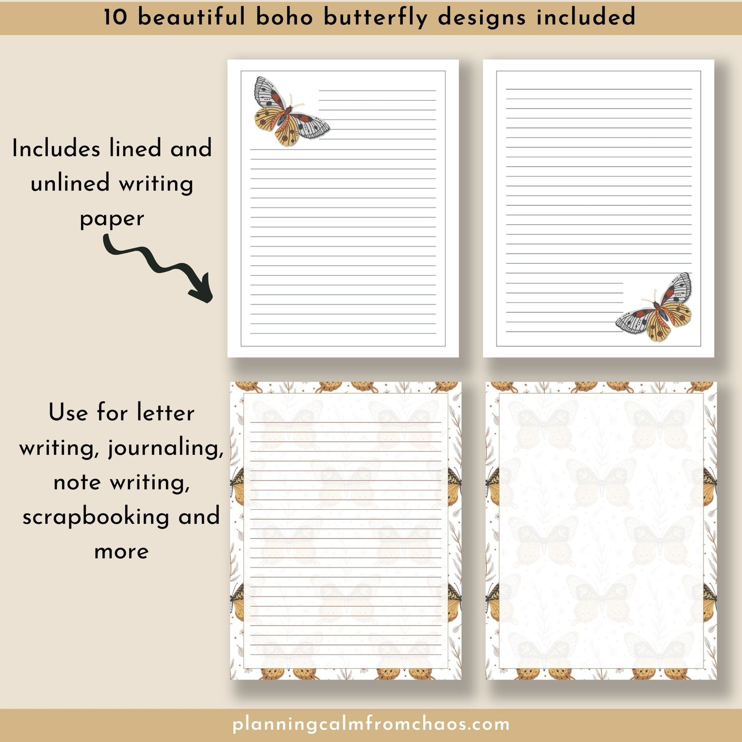 boho butterfly printable stationery set