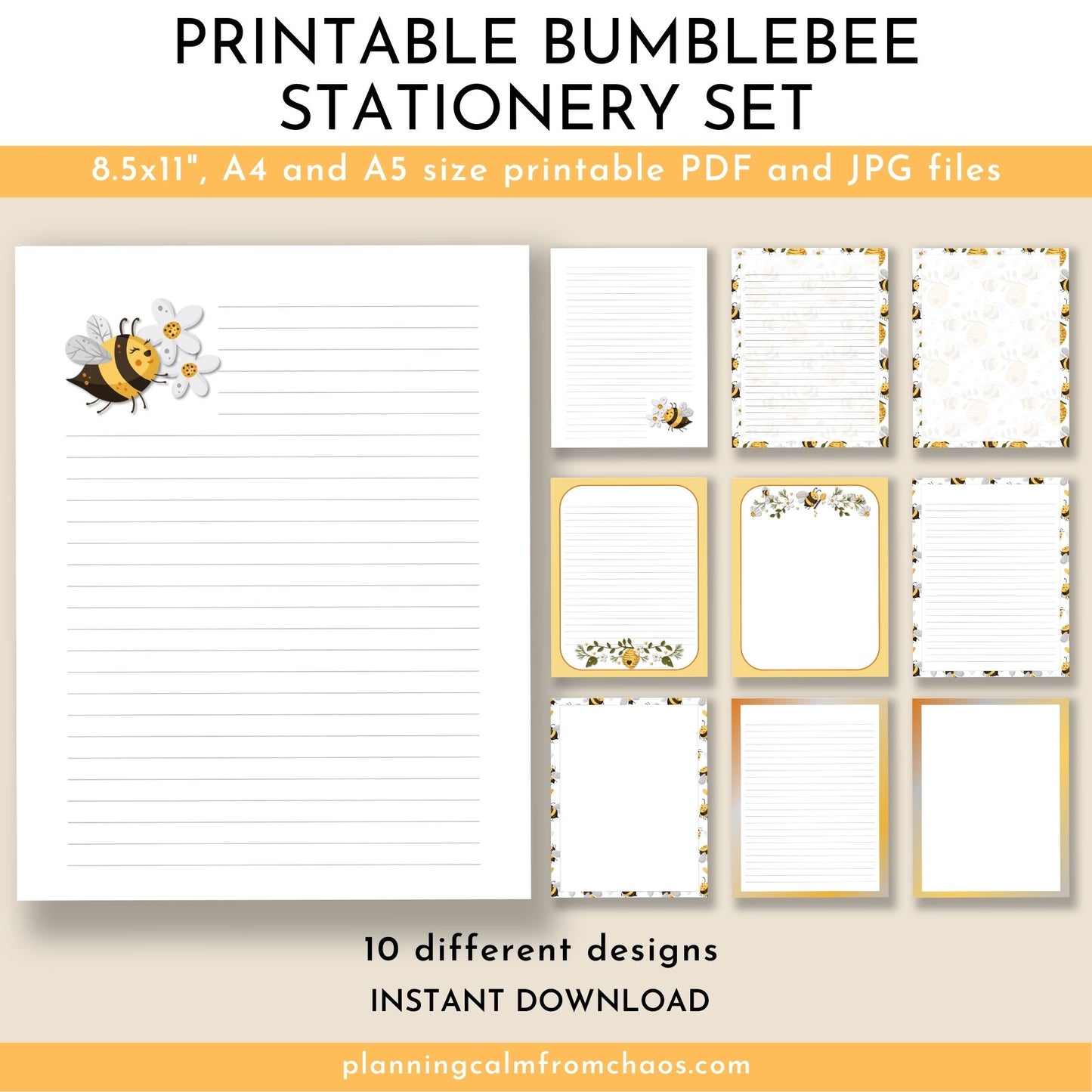 printable bumblebee stationery set