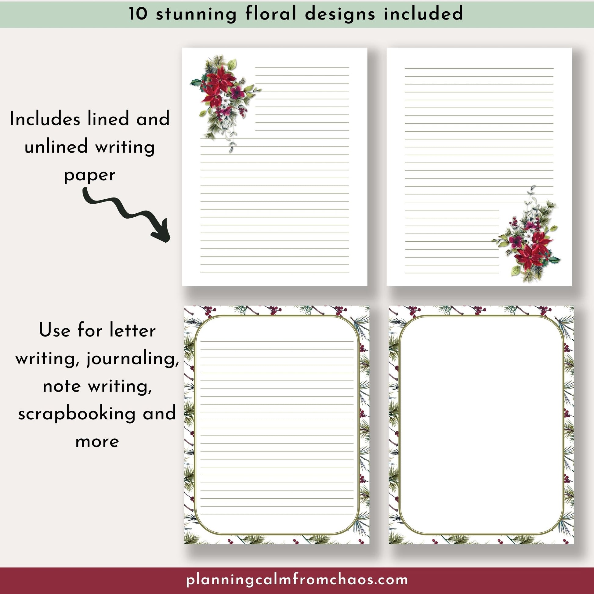 christmas floral stationery set