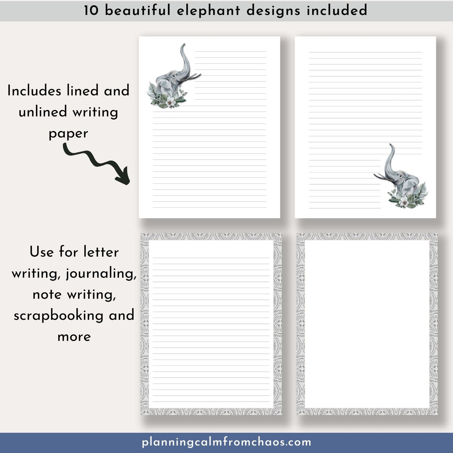 elephant printable stationery set