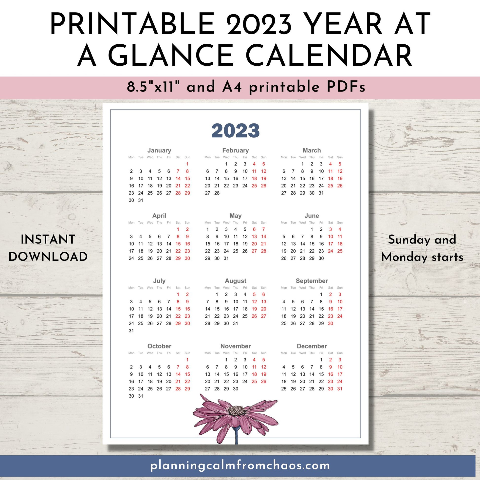 printable year at a glance 2023 calendar