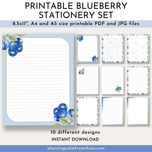 printable blueberry stationery set