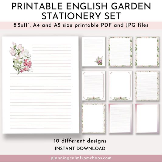 printable englilsh garden floral stationery set