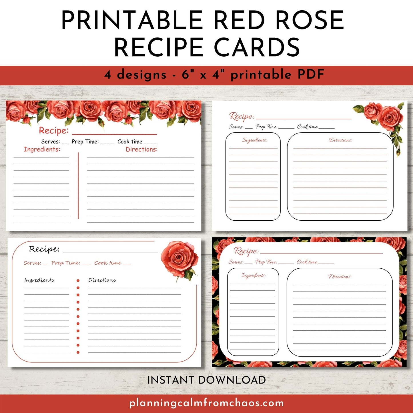 PRINTABLE RED ROSE RECIPE CARDS