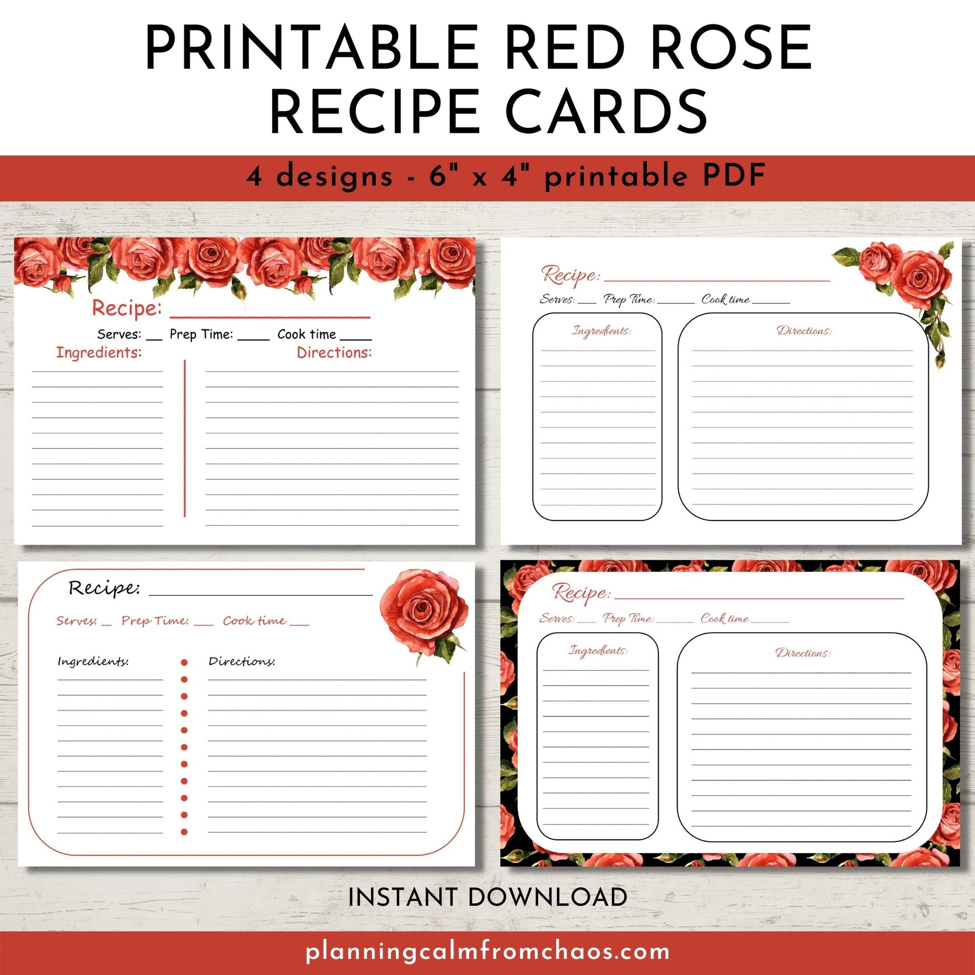 PRINTABLE RED ROSE RECIPE CARDS