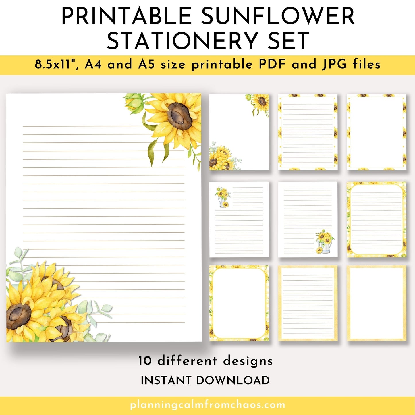 printable sunflower stationery set