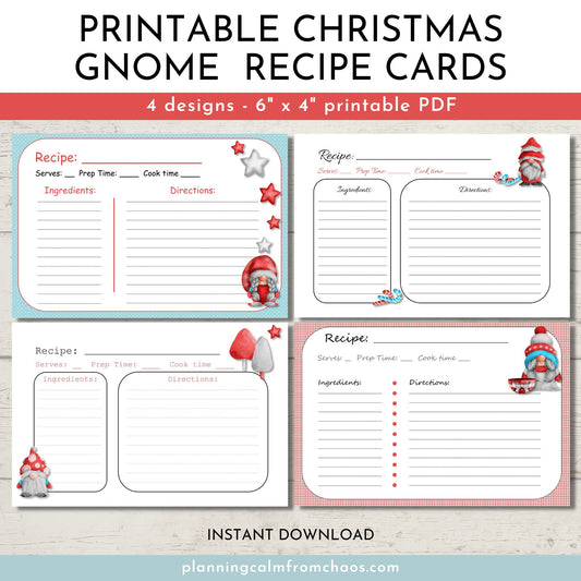 Christmas gnome printable recipe cards