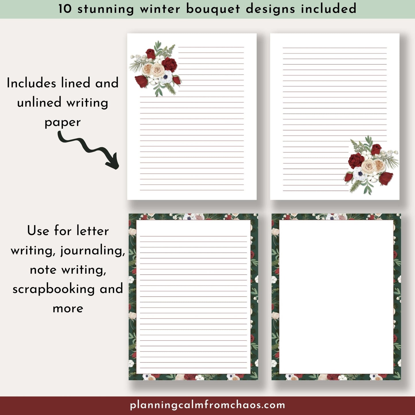 winter floral digital stationery set